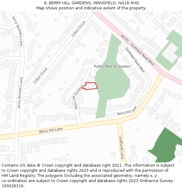 8, BERRY HILL GARDENS, MANSFIELD, NG18 4HQ: Location map and indicative extent of plot