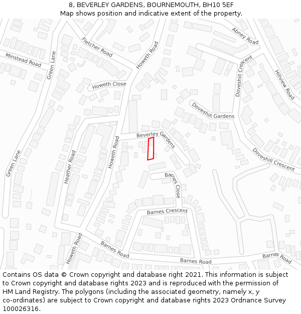 8, BEVERLEY GARDENS, BOURNEMOUTH, BH10 5EF: Location map and indicative extent of plot