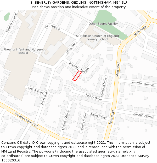 8, BEVERLEY GARDENS, GEDLING, NOTTINGHAM, NG4 3LF: Location map and indicative extent of plot