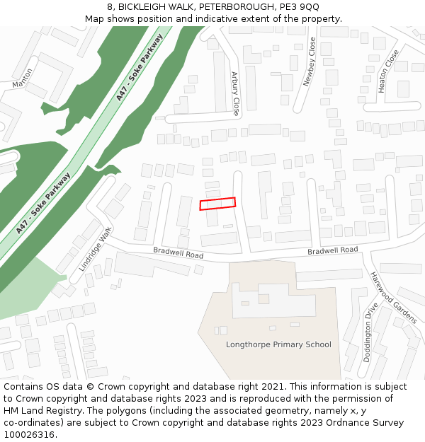 8, BICKLEIGH WALK, PETERBOROUGH, PE3 9QQ: Location map and indicative extent of plot