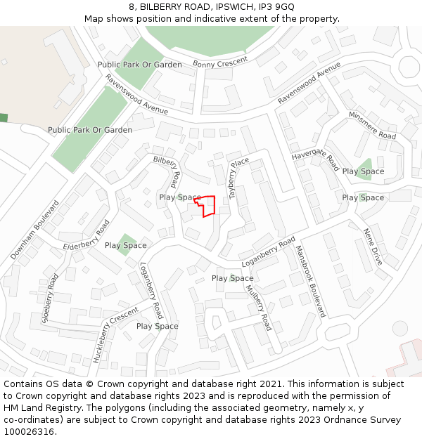 8, BILBERRY ROAD, IPSWICH, IP3 9GQ: Location map and indicative extent of plot