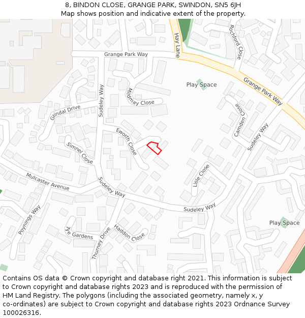8, BINDON CLOSE, GRANGE PARK, SWINDON, SN5 6JH: Location map and indicative extent of plot