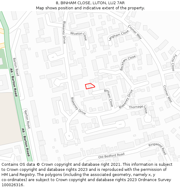 8, BINHAM CLOSE, LUTON, LU2 7AR: Location map and indicative extent of plot