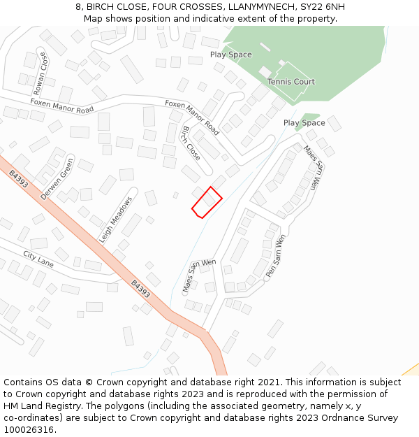 8, BIRCH CLOSE, FOUR CROSSES, LLANYMYNECH, SY22 6NH: Location map and indicative extent of plot