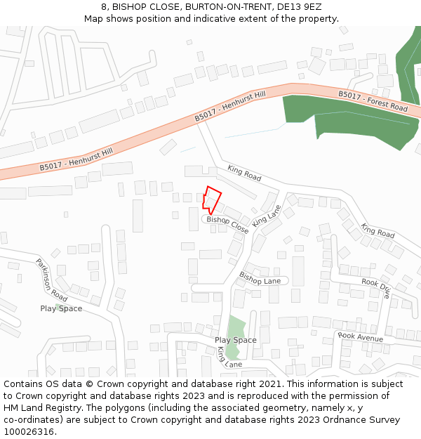 8, BISHOP CLOSE, BURTON-ON-TRENT, DE13 9EZ: Location map and indicative extent of plot