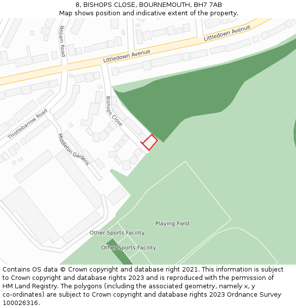 8, BISHOPS CLOSE, BOURNEMOUTH, BH7 7AB: Location map and indicative extent of plot