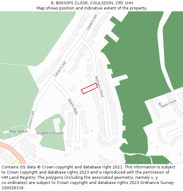 8, BISHOPS CLOSE, COULSDON, CR5 1HH: Location map and indicative extent of plot