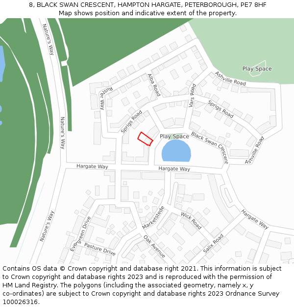8, BLACK SWAN CRESCENT, HAMPTON HARGATE, PETERBOROUGH, PE7 8HF: Location map and indicative extent of plot
