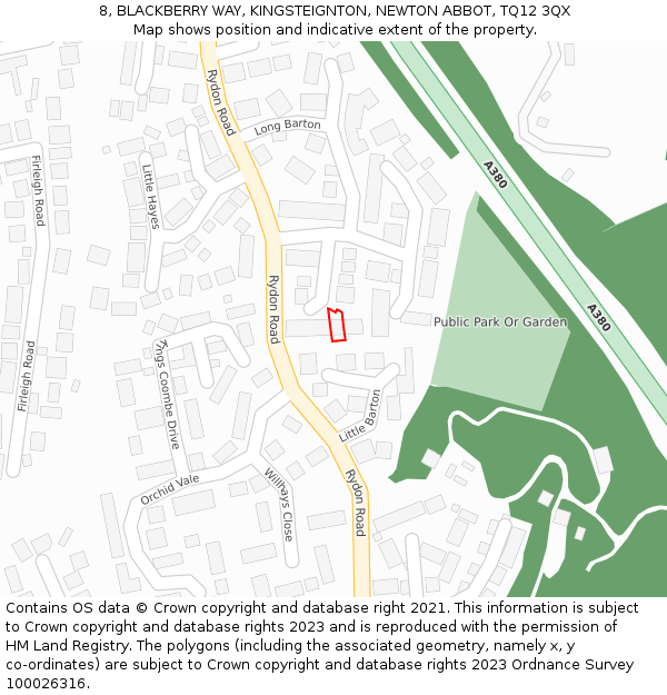 8, BLACKBERRY WAY, KINGSTEIGNTON, NEWTON ABBOT, TQ12 3QX: Location map and indicative extent of plot