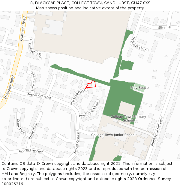 8, BLACKCAP PLACE, COLLEGE TOWN, SANDHURST, GU47 0XS: Location map and indicative extent of plot
