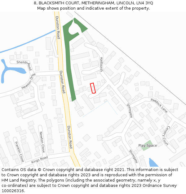 8, BLACKSMITH COURT, METHERINGHAM, LINCOLN, LN4 3YQ: Location map and indicative extent of plot