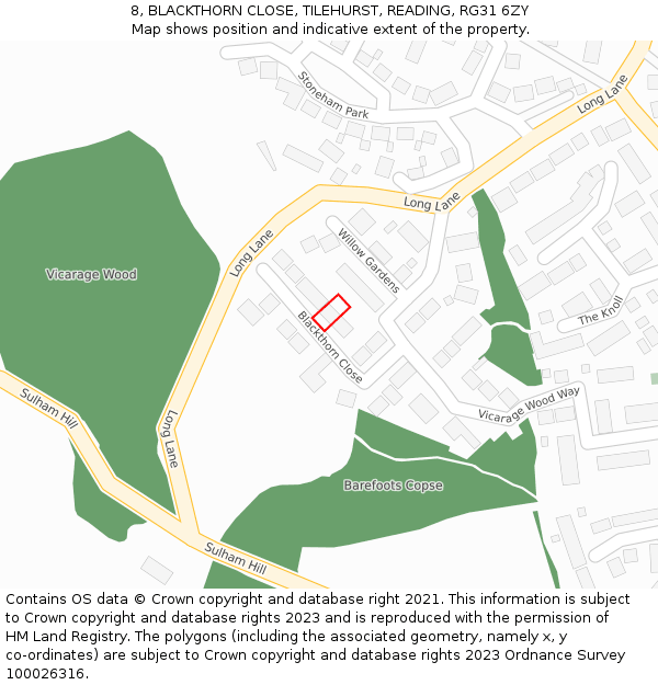 8, BLACKTHORN CLOSE, TILEHURST, READING, RG31 6ZY: Location map and indicative extent of plot