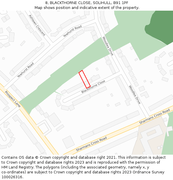 8, BLACKTHORNE CLOSE, SOLIHULL, B91 1PF: Location map and indicative extent of plot