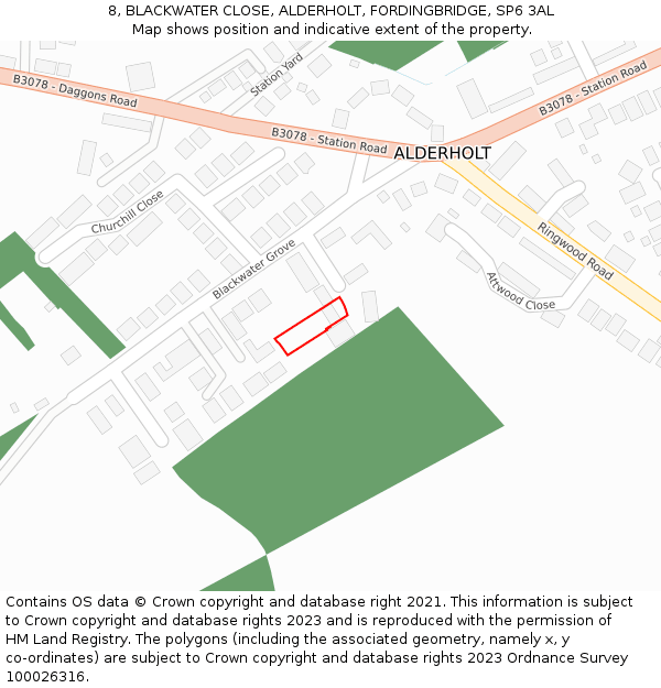 8, BLACKWATER CLOSE, ALDERHOLT, FORDINGBRIDGE, SP6 3AL: Location map and indicative extent of plot