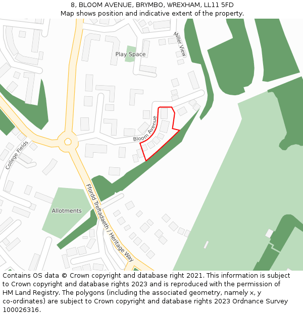 8, BLOOM AVENUE, BRYMBO, WREXHAM, LL11 5FD: Location map and indicative extent of plot