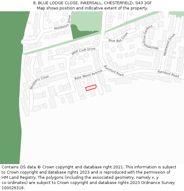 8, BLUE LODGE CLOSE, INKERSALL, CHESTERFIELD, S43 3GF: Location map and indicative extent of plot