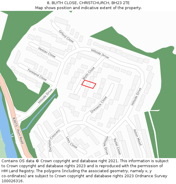 8, BLYTH CLOSE, CHRISTCHURCH, BH23 2TE: Location map and indicative extent of plot