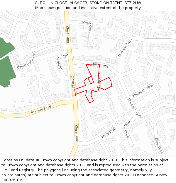 8, BOLLIN CLOSE, ALSAGER, STOKE-ON-TRENT, ST7 2UW: Location map and indicative extent of plot