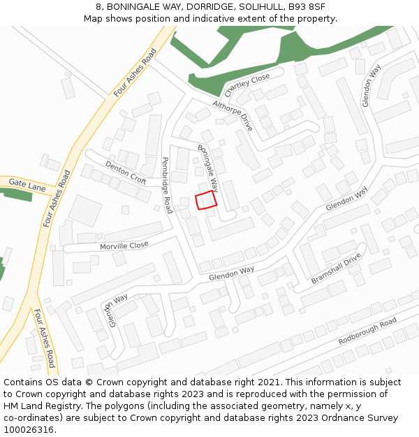 8, BONINGALE WAY, DORRIDGE, SOLIHULL, B93 8SF: Location map and indicative extent of plot
