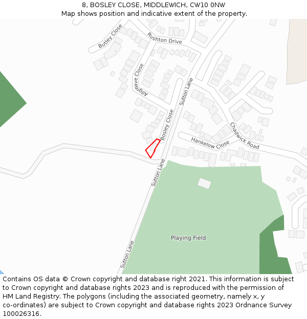 8, BOSLEY CLOSE, MIDDLEWICH, CW10 0NW: Location map and indicative extent of plot