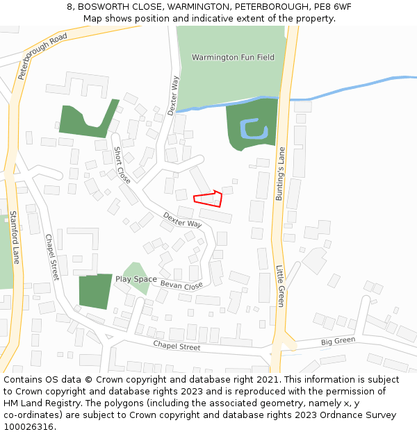 8, BOSWORTH CLOSE, WARMINGTON, PETERBOROUGH, PE8 6WF: Location map and indicative extent of plot