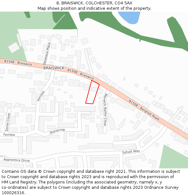 8, BRAISWICK, COLCHESTER, CO4 5AX: Location map and indicative extent of plot