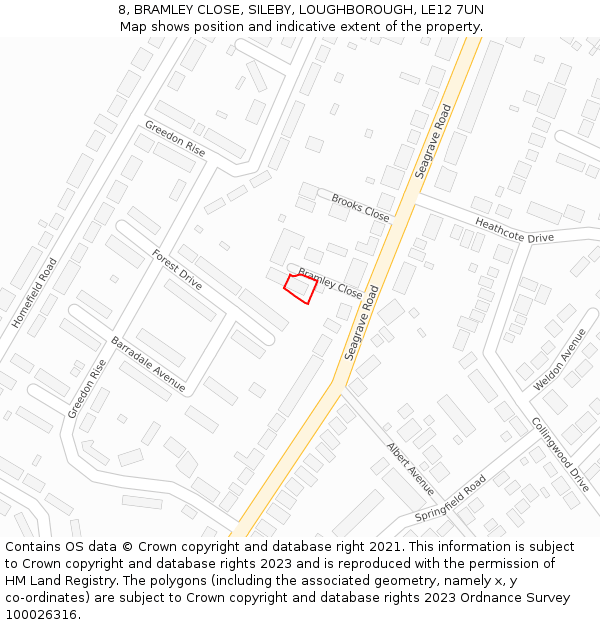8, BRAMLEY CLOSE, SILEBY, LOUGHBOROUGH, LE12 7UN: Location map and indicative extent of plot