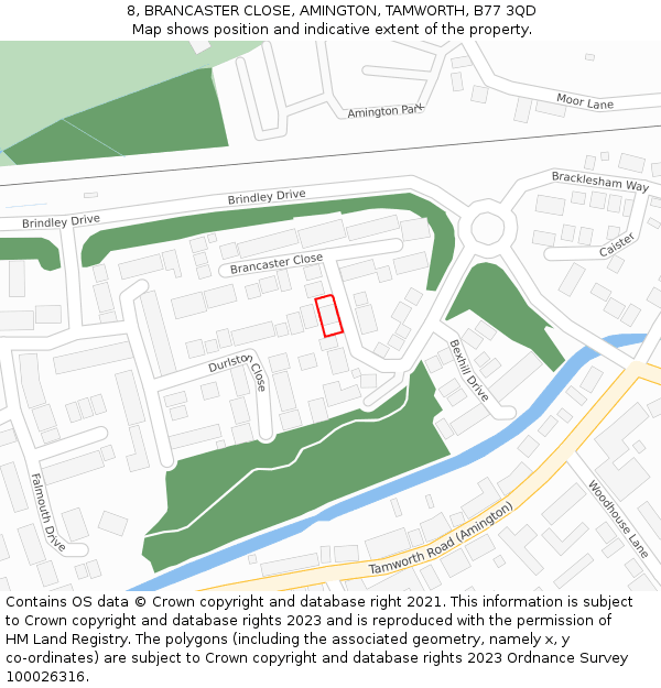 8, BRANCASTER CLOSE, AMINGTON, TAMWORTH, B77 3QD: Location map and indicative extent of plot