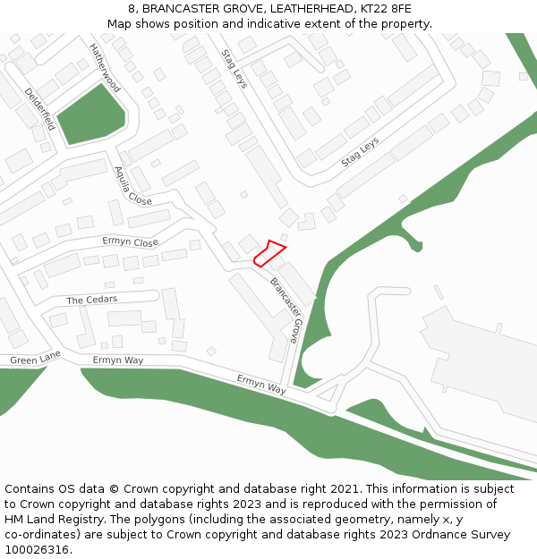 8, BRANCASTER GROVE, LEATHERHEAD, KT22 8FE: Location map and indicative extent of plot