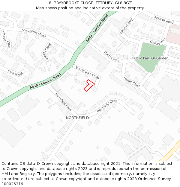 8, BRAYBROOKE CLOSE, TETBURY, GL8 8GZ: Location map and indicative extent of plot