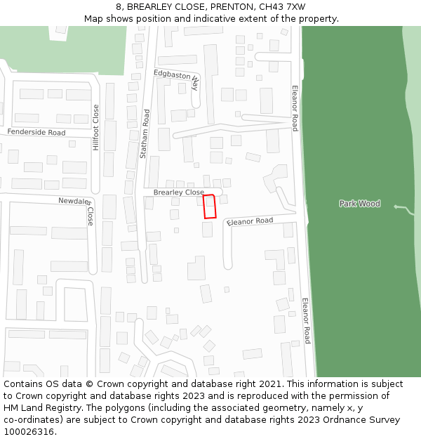 8, BREARLEY CLOSE, PRENTON, CH43 7XW: Location map and indicative extent of plot