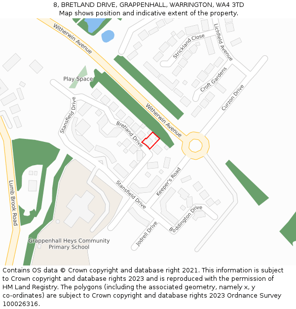 8, BRETLAND DRIVE, GRAPPENHALL, WARRINGTON, WA4 3TD: Location map and indicative extent of plot