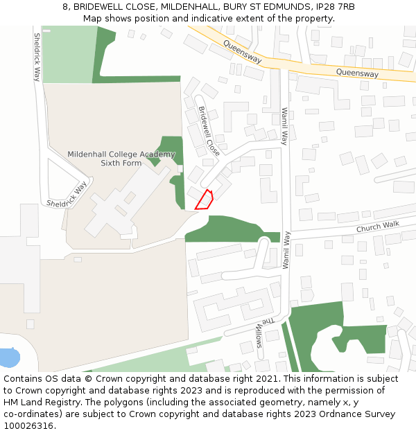 8, BRIDEWELL CLOSE, MILDENHALL, BURY ST EDMUNDS, IP28 7RB: Location map and indicative extent of plot