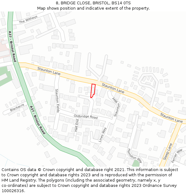 8, BRIDGE CLOSE, BRISTOL, BS14 0TS: Location map and indicative extent of plot
