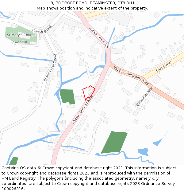 8, BRIDPORT ROAD, BEAMINSTER, DT8 3LU: Location map and indicative extent of plot