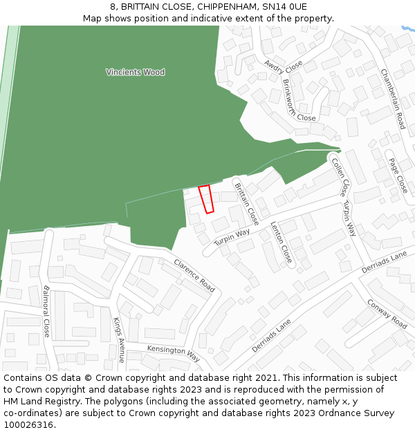 8, BRITTAIN CLOSE, CHIPPENHAM, SN14 0UE: Location map and indicative extent of plot