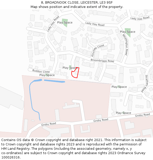 8, BROADNOOK CLOSE, LEICESTER, LE3 9SF: Location map and indicative extent of plot