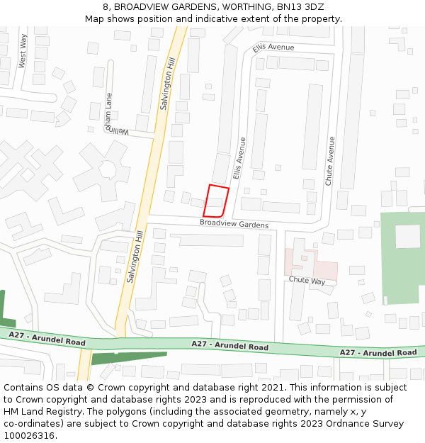 8, BROADVIEW GARDENS, WORTHING, BN13 3DZ: Location map and indicative extent of plot