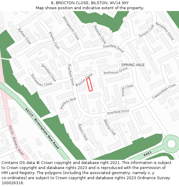 8, BROCTON CLOSE, BILSTON, WV14 9XY: Location map and indicative extent of plot