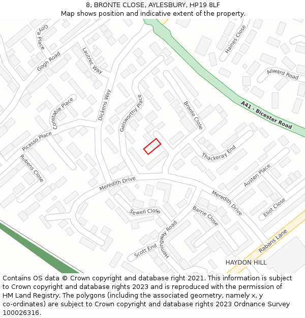 8, BRONTE CLOSE, AYLESBURY, HP19 8LF: Location map and indicative extent of plot