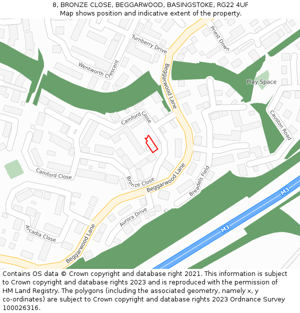 8, BRONZE CLOSE, BEGGARWOOD, BASINGSTOKE, RG22 4UF: Location map and indicative extent of plot