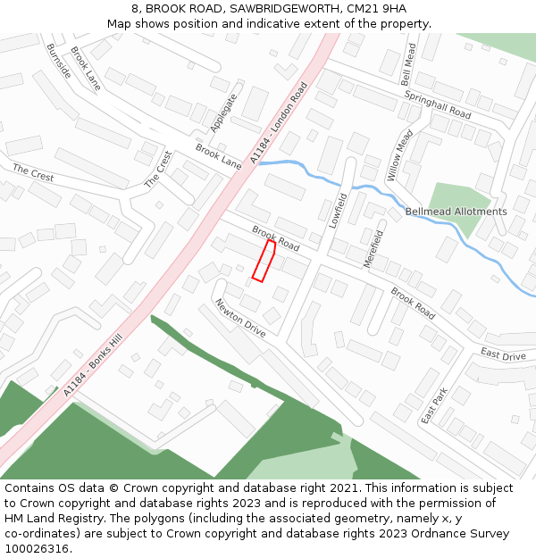 8, BROOK ROAD, SAWBRIDGEWORTH, CM21 9HA: Location map and indicative extent of plot