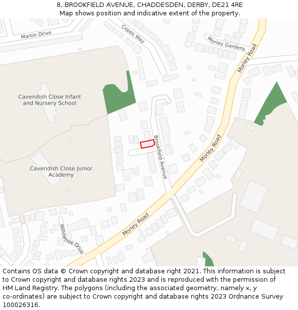 8, BROOKFIELD AVENUE, CHADDESDEN, DERBY, DE21 4RE: Location map and indicative extent of plot