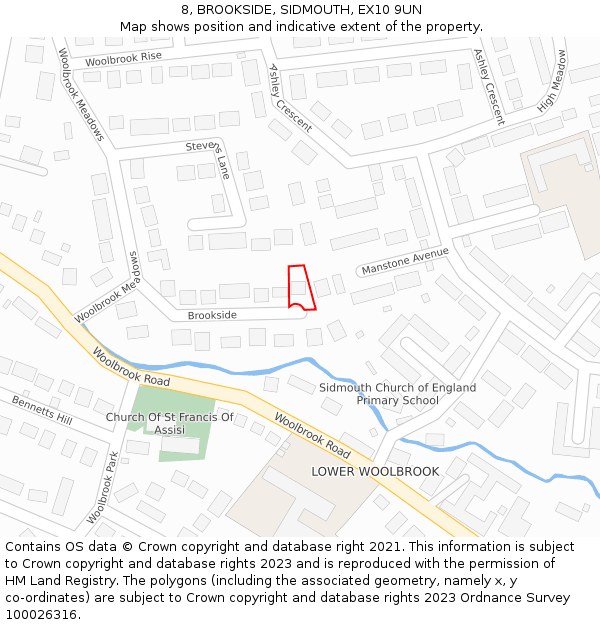 8, BROOKSIDE, SIDMOUTH, EX10 9UN: Location map and indicative extent of plot