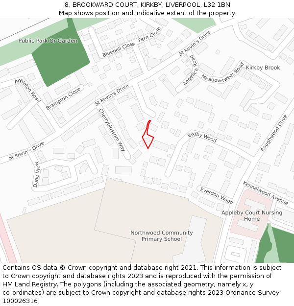 8, BROOKWARD COURT, KIRKBY, LIVERPOOL, L32 1BN: Location map and indicative extent of plot