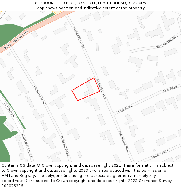 8, BROOMFIELD RIDE, OXSHOTT, LEATHERHEAD, KT22 0LW: Location map and indicative extent of plot