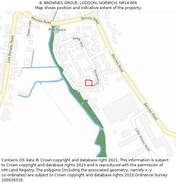 8, BROWNES GROVE, LODDON, NORWICH, NR14 6FA: Location map and indicative extent of plot