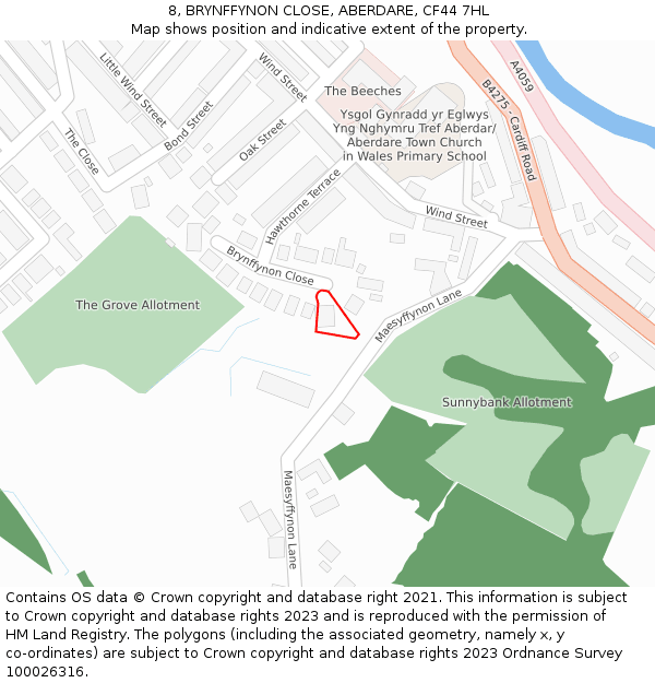 8, BRYNFFYNON CLOSE, ABERDARE, CF44 7HL: Location map and indicative extent of plot