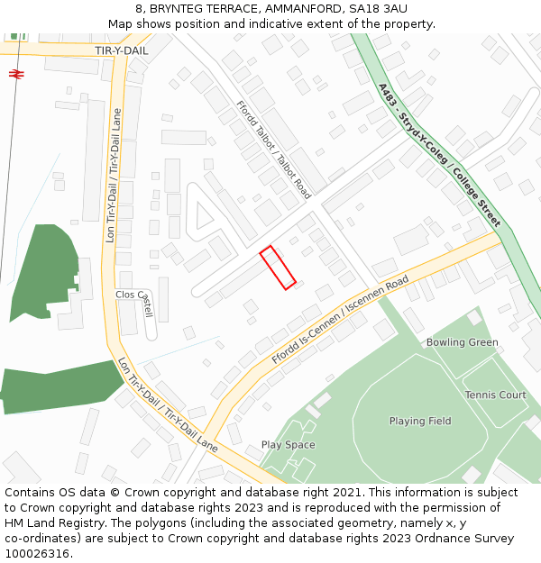 8, BRYNTEG TERRACE, AMMANFORD, SA18 3AU: Location map and indicative extent of plot