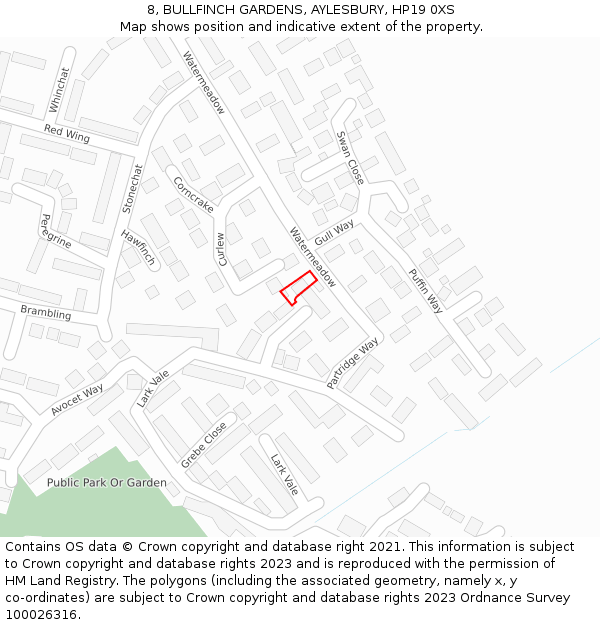 8, BULLFINCH GARDENS, AYLESBURY, HP19 0XS: Location map and indicative extent of plot